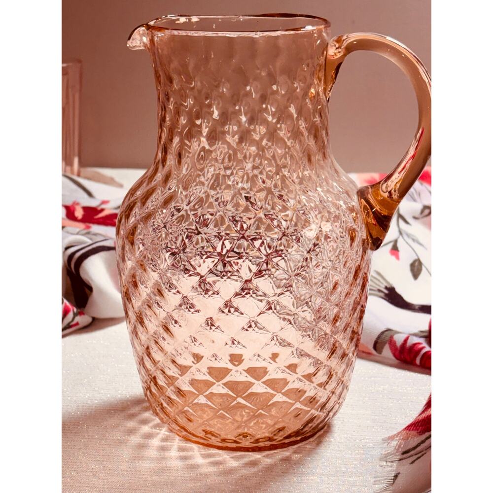 Vintage Pink Depression Glass Pitcher Diamond Pattern 9”H 1920s 1930s 1940s